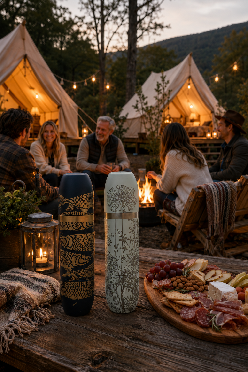 Caskata x High Camp Wine Flasks featuring the Summer and Sardines patterns on a table with people around a campfire behind them and tents for glamping/camping