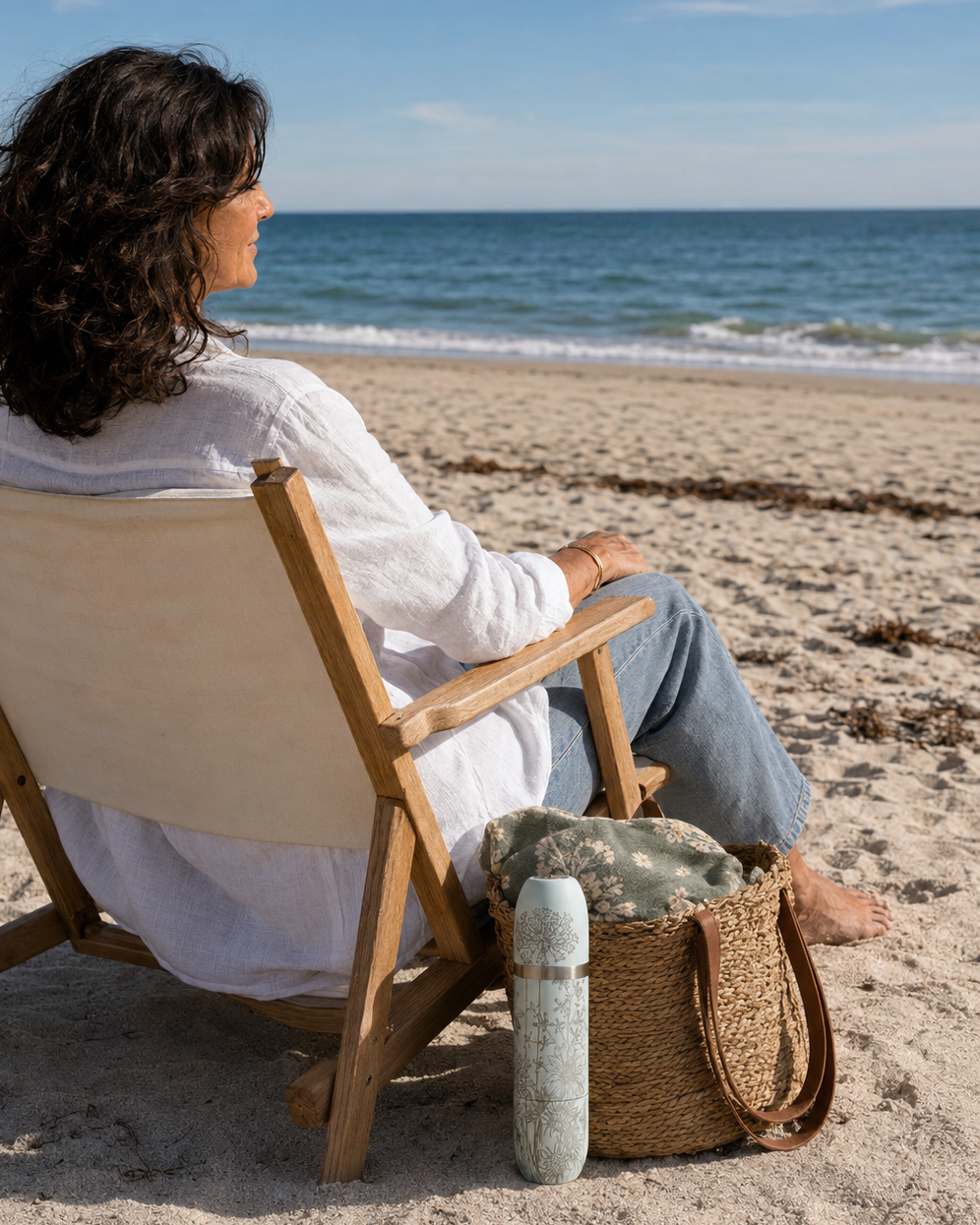 Jackie, a Caskata customer, sits in a wooden beach chair, her bare feet in the sand, with a Caskata x High Camp wine flask in light blue (granite) with the Summer pattern engraved in silver