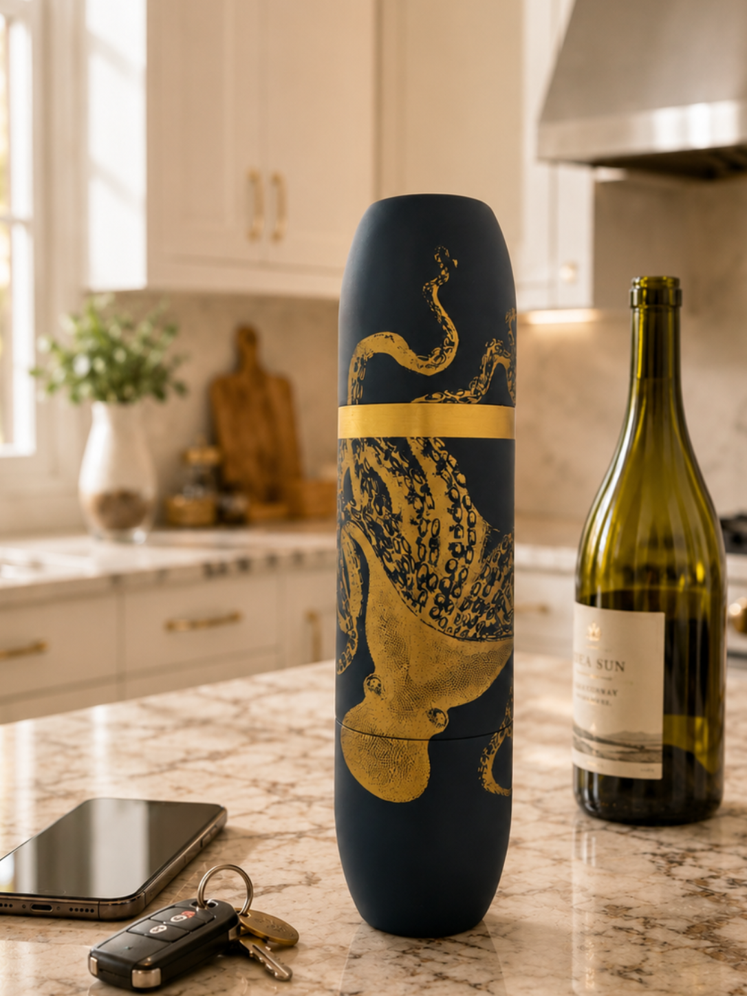 Lucy the Octopus is engraved in god on this dark blue wine flask from Caskata and sits on a kitchen counter with an empty bottle of wine and some keys and a cellphone.