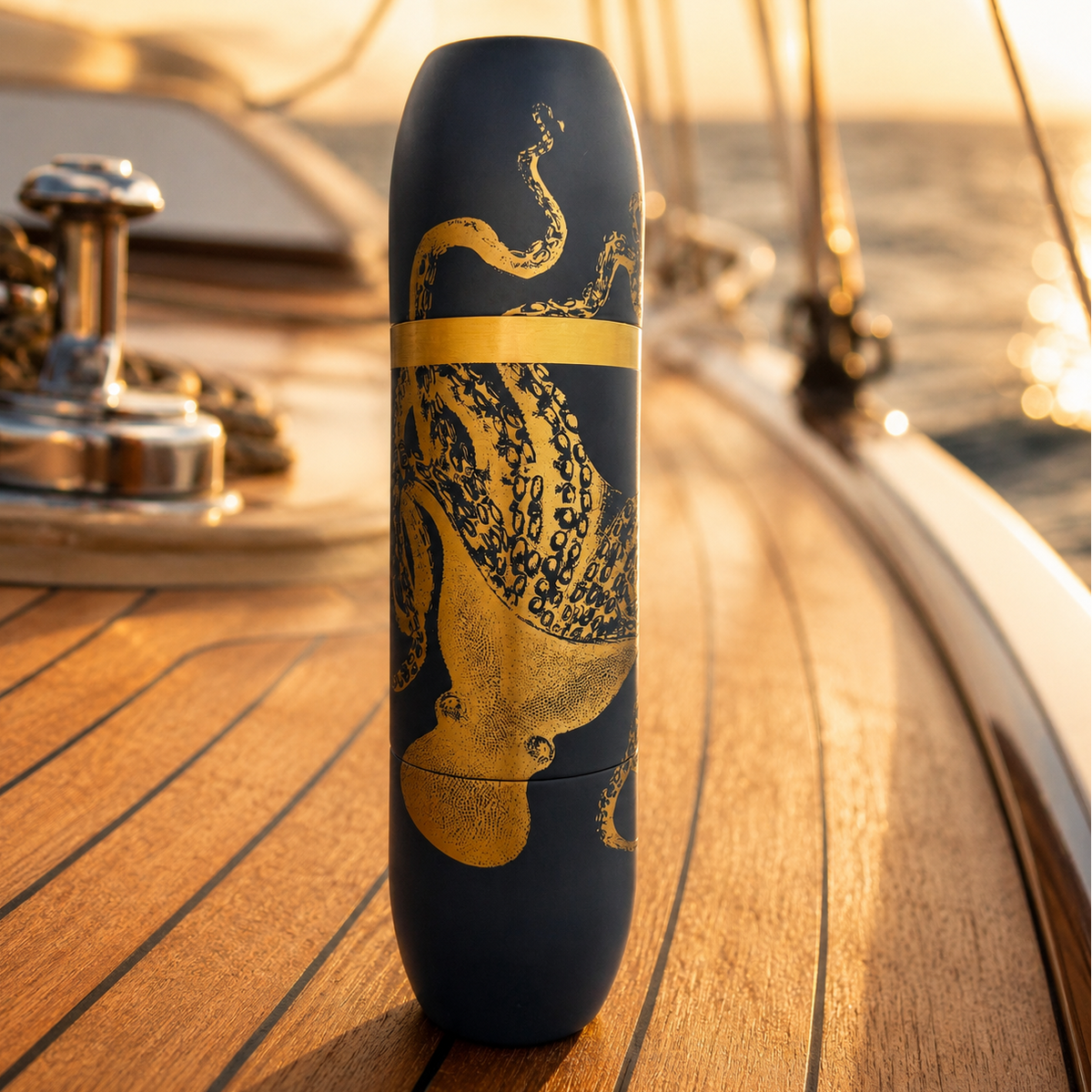 Caskata's Lucy the Octopus on the Caskata X High Camp Wine Flask on the deck of a sailboat in summer sun.
