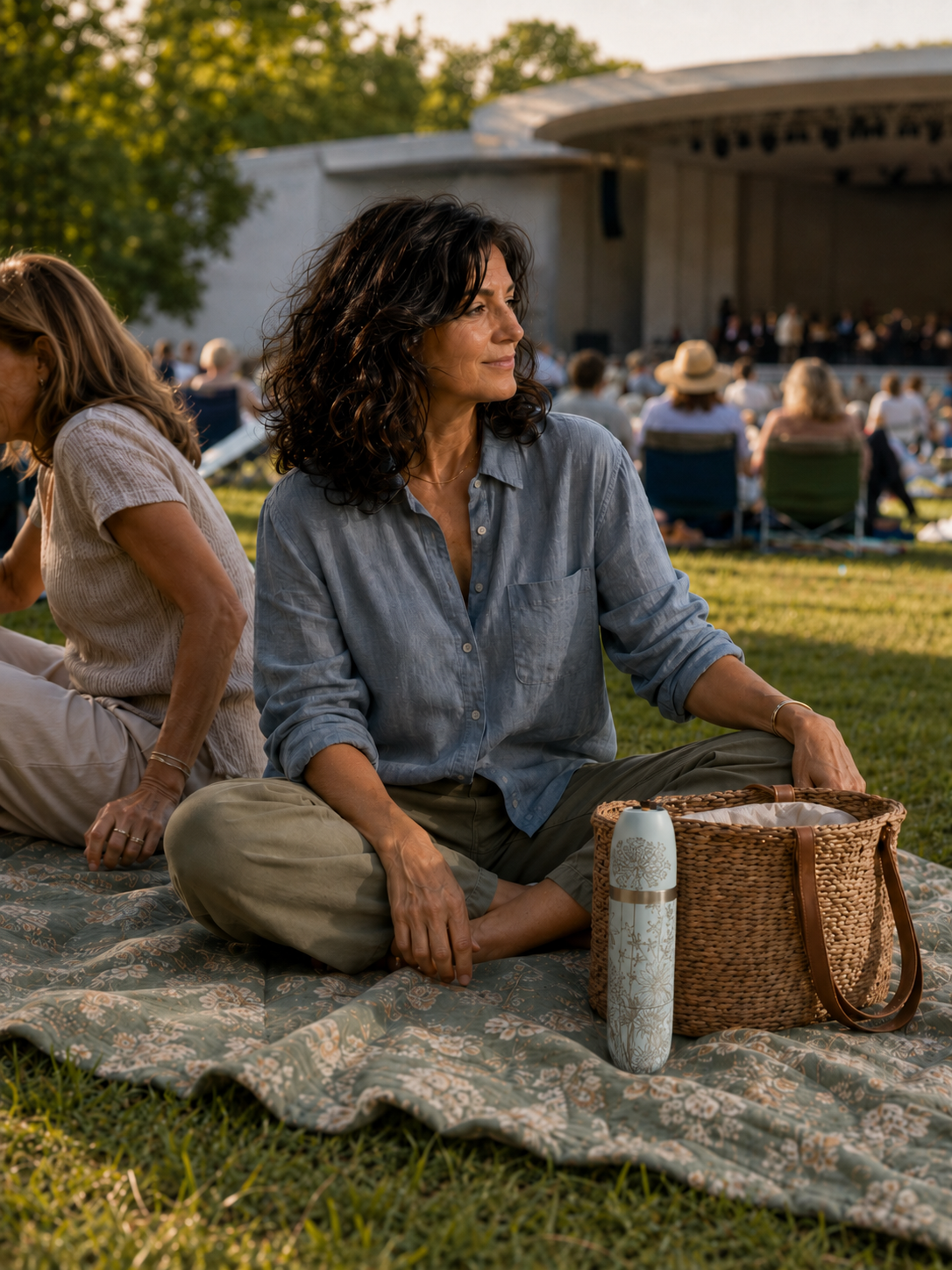 Jackie, a Caskata customer sits on a picnic blanket on a lawn at an outdoor concert with her Caskata x High Camp light blue Summer wine flask.