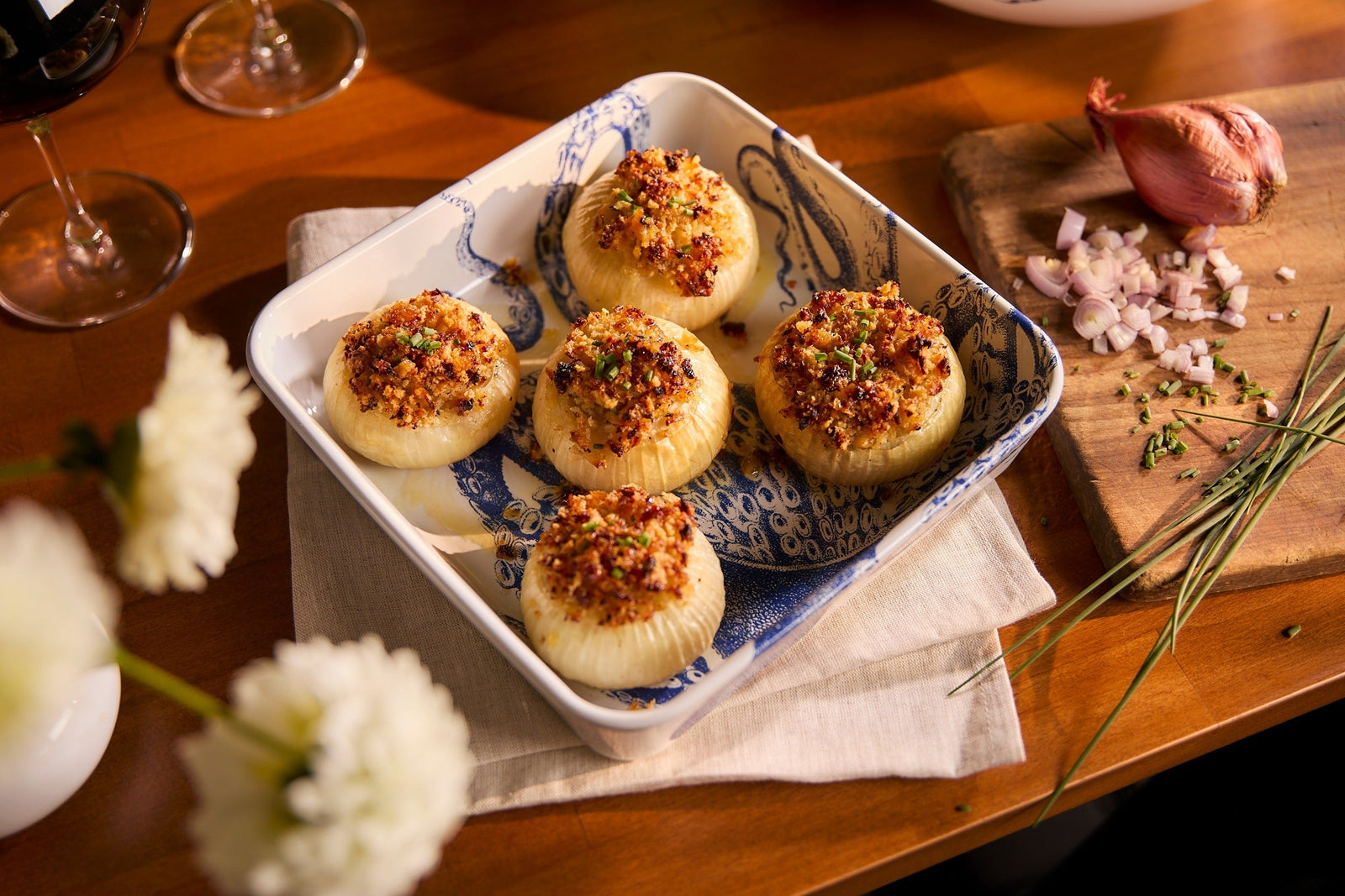 Stuffed Onions Provençal  in Lucy the Octopus Square Baking Dish