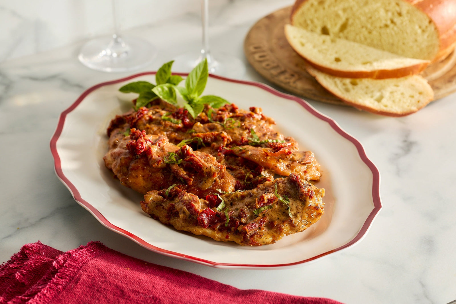 One-Pan Marry Me Chicken with Sun-Dried Tomatoes on Stella Platter in Crimson