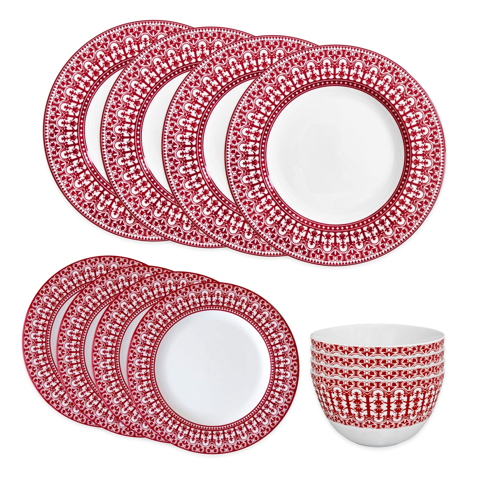 The Casablanca Crimson Table for 4 by Caskata is a 12-piece porcelain set with six large plates, six small plates, and six bowls, each featuring a red and white geometric pattern with ornate scrollwork on the rims.