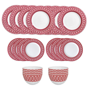 The Caskata Casablanca Crimson Table for 8 set features a red and white pattern, with 6 large plates, 4 small plates, and 2 bowls—each item artfully displayed on a crisp white background.