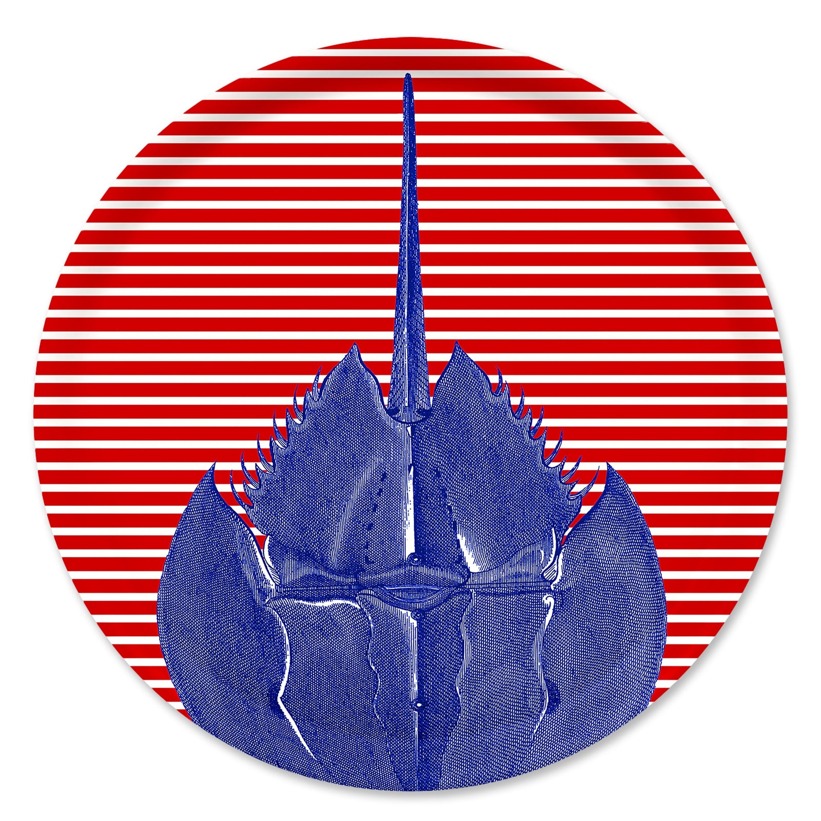 The Caskata Horseshoe Crab Large Round Birchwood Tray features a blue horseshoe crab on a red and white striped circular background, echoing vibrant Finnish design.