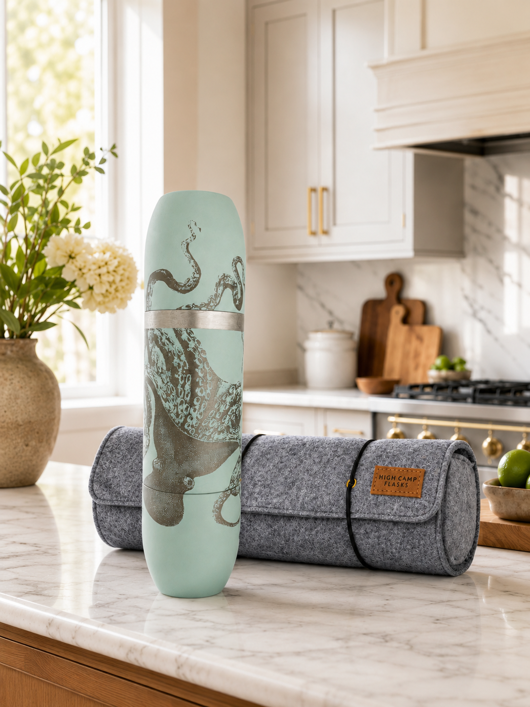 Caskata X High Camp Lucy the Octopus engraved on a light blue insulated wine flask with two magnetic tumblers on a kitchen counter with its wool case.