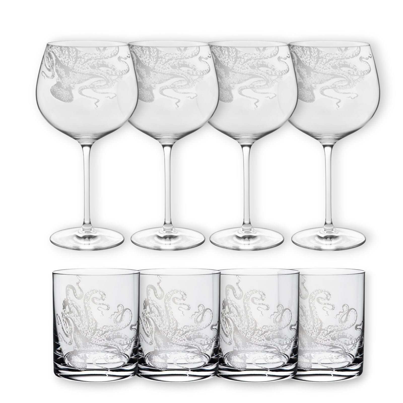 The "Cocktails with Lucy" Bundle by Caskata includes eight clear glasses—four tall wine and four short rocks glasses—each etched with an octopus design, arranged in two rows on a white background.