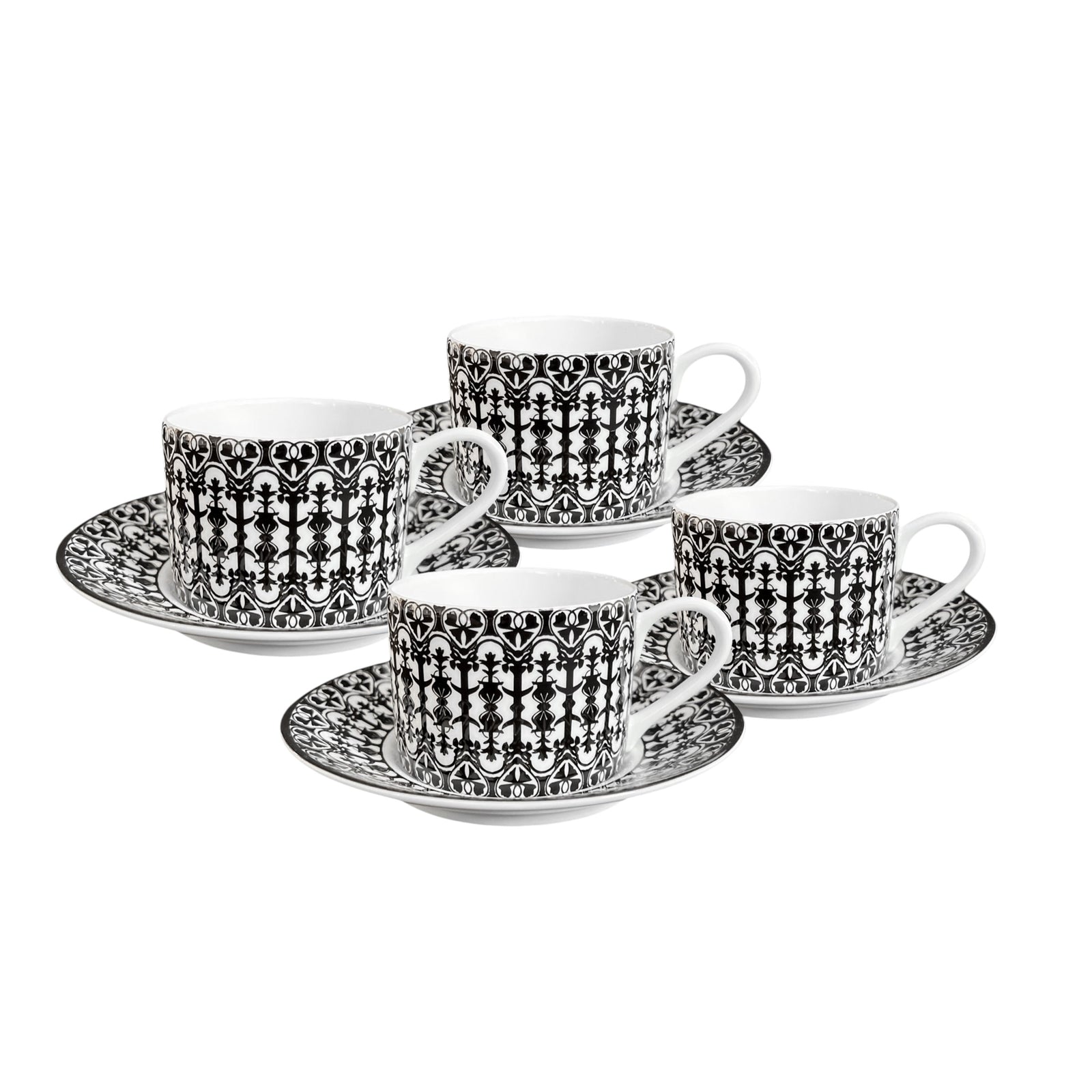 The Caskata Casablanca Cups & Saucers Set of 4 features bone china teacups and matching saucers with a bold black scrollwork design, elegantly displayed on a white background.