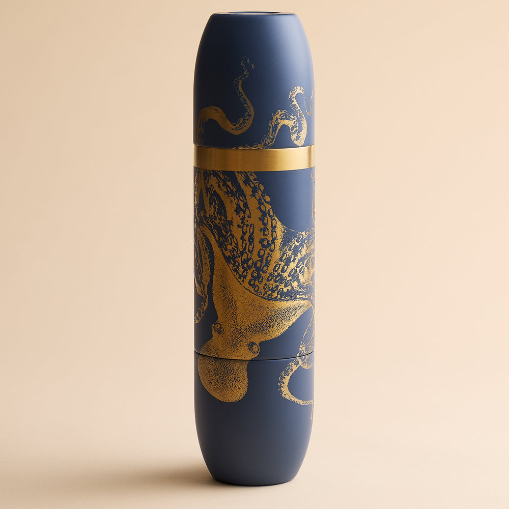Caskata x High Camp Dark Blue Lucy Wine Flask in a cylindrical shape, decorated with a gold octopus illustration.
