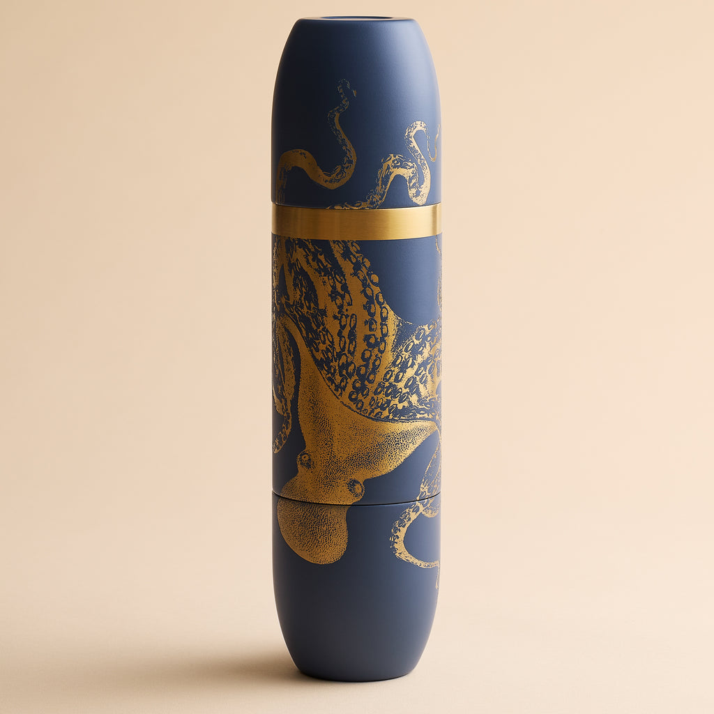 Caskata x High Camp Dark Blue Lucy Wine Flask in a cylindrical shape, decorated with a gold octopus illustration.