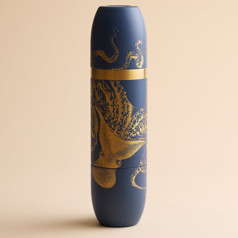 Caskata x High Camp Dark Blue Lucy Wine Flask in a cylindrical shape, decorated with a gold octopus illustration.