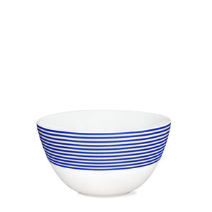 Caskata Newport Stripe cereal bowl in white featuring horizontal blue stripes around the upper half.