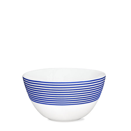 Caskata Newport Stripe cereal bowl in white featuring horizontal blue stripes around the upper half.