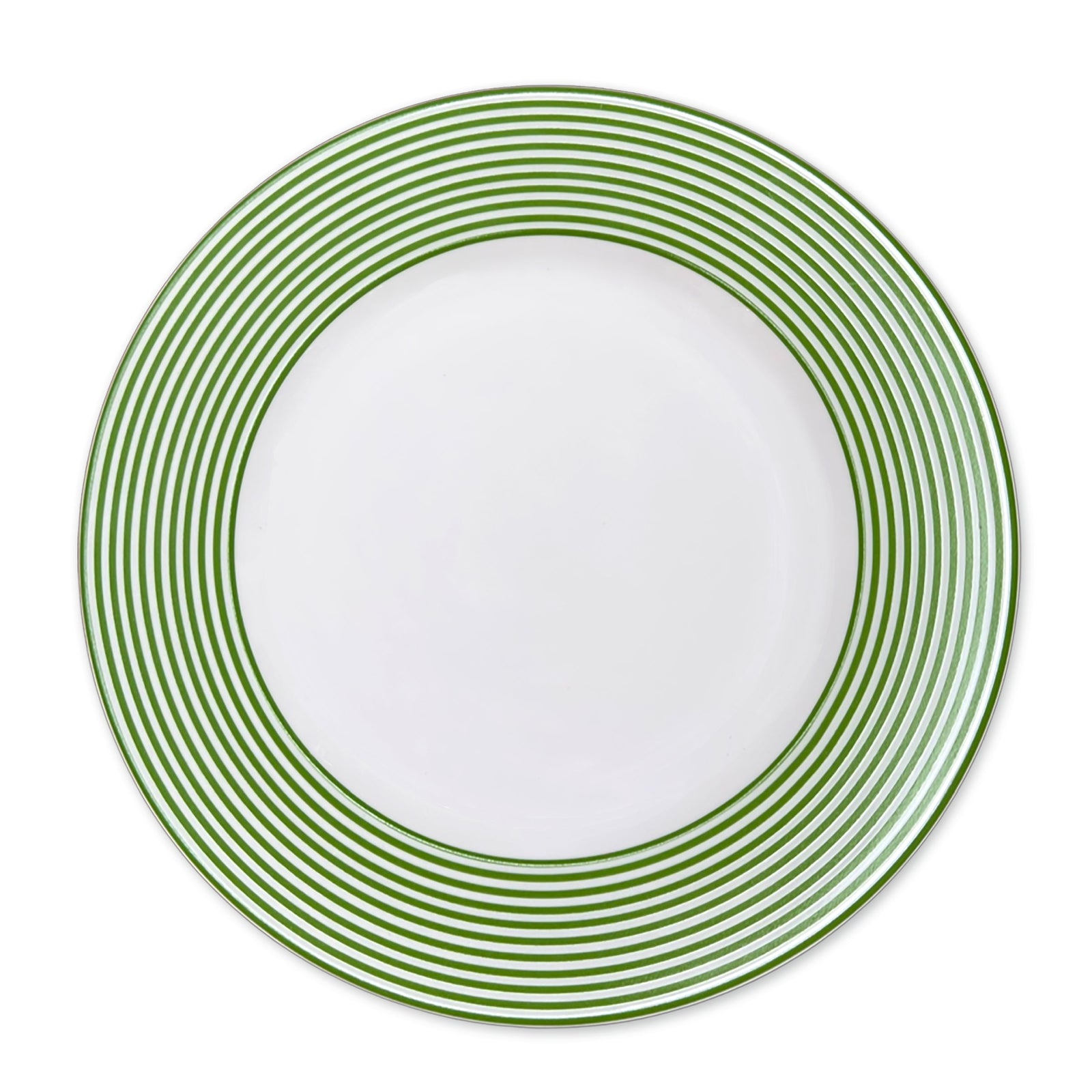 Discover Caskata's Summer Stripes Dinner Bundle to refresh your spring table: five round plates with green striped rims, four scalloped plates with green edges, and neatly folded green striped napkins.