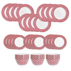 The Caskata Newport Crimson Stripe Table for 12 features red-and-white patterned porcelain dinnerware—twelve large plates, twelve small plates, and four bowls—arranged on a white background. Perfect for daily use.
