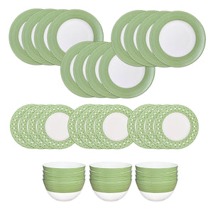 Caskata’s Newport Verde Table for 12 is a 36-piece premium porcelain dinnerware set with white plates, salad plates, and bowls featuring elegant green patterned rims arranged on a crisp white background.