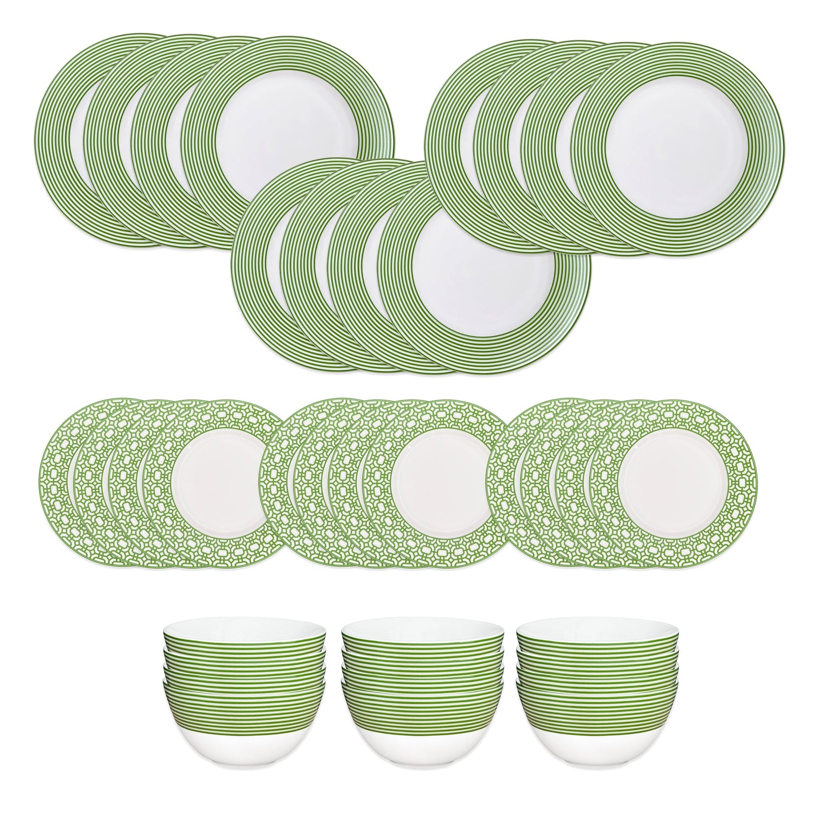 Caskata’s Newport Verde Table for 12 is a 36-piece premium porcelain dinnerware set with white plates, salad plates, and bowls featuring elegant green patterned rims arranged on a crisp white background.