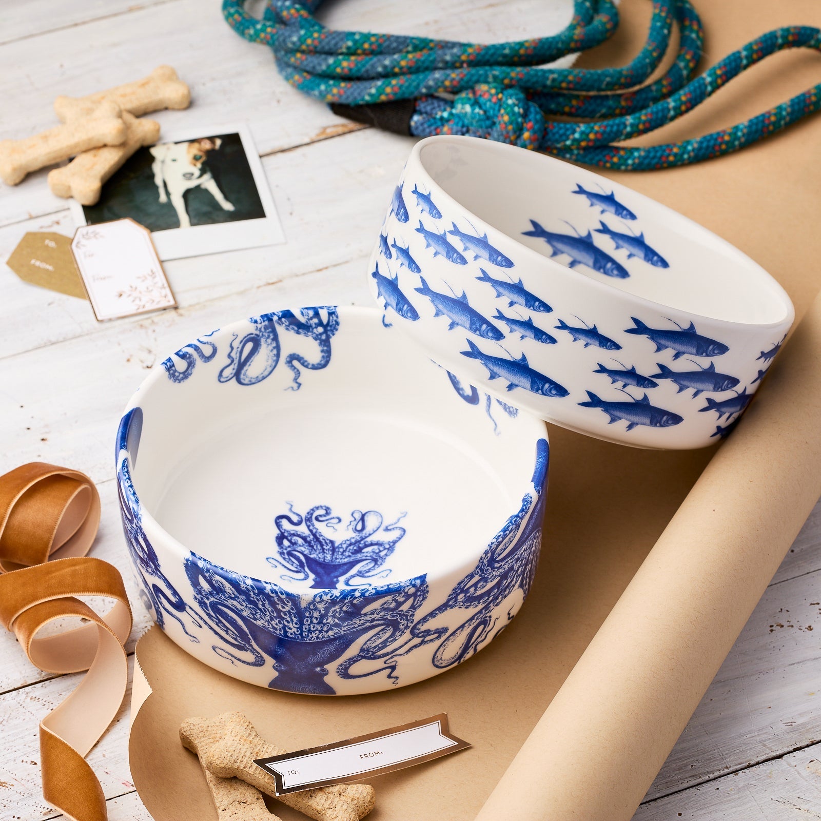 The Pampered Pet Bundle by Caskata features two medium decorative pet bowls—one with an octopus, one with sharks—on a white wooden surface amid ribbons, dog treats, rope, and gift tags. Ideal for stylish pets.