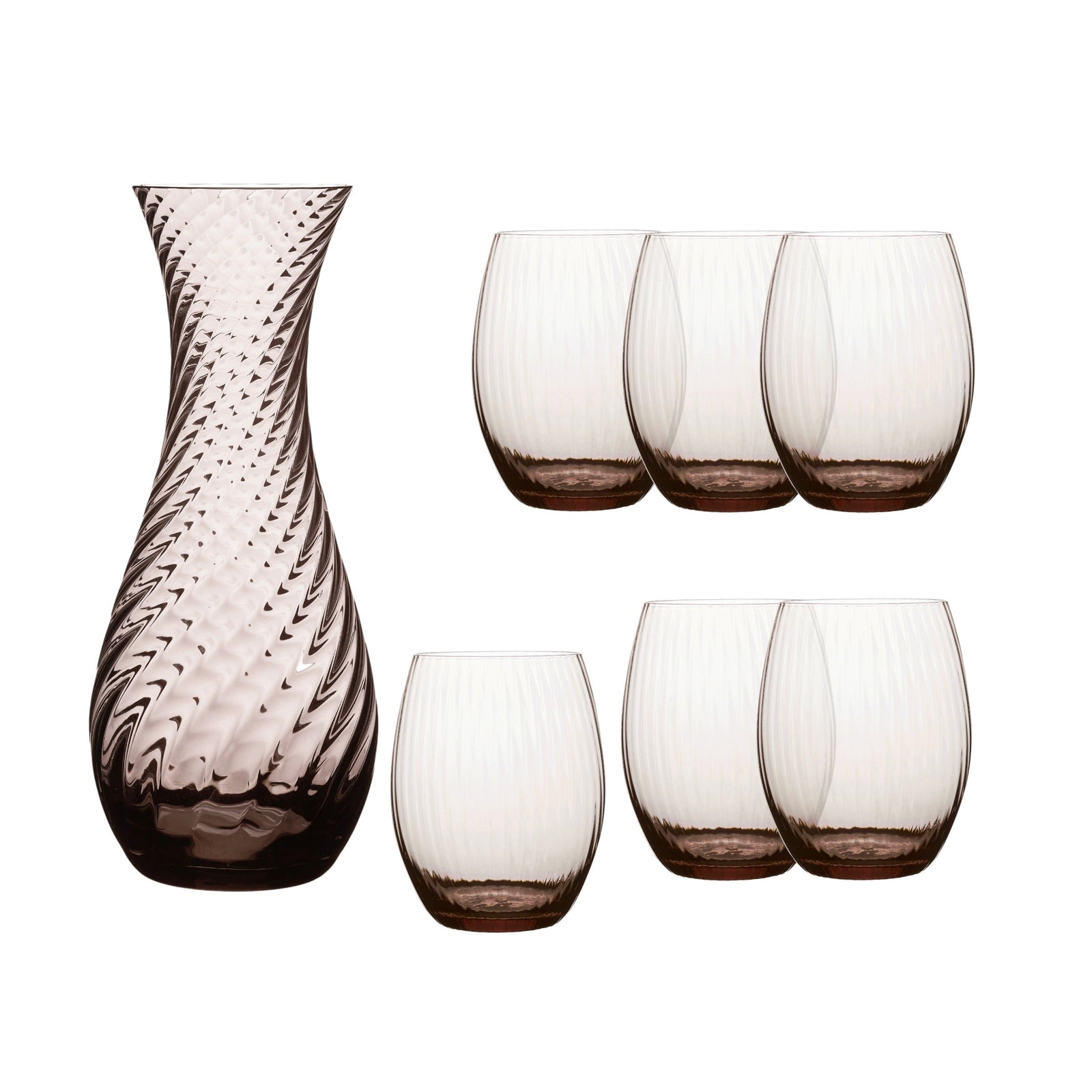 The Quinn Mocha Dinner Party Set by Caskata features a textured glass carafe and six ribbed crystal glasses in a light brown tint, creating an elegant display on a white background.