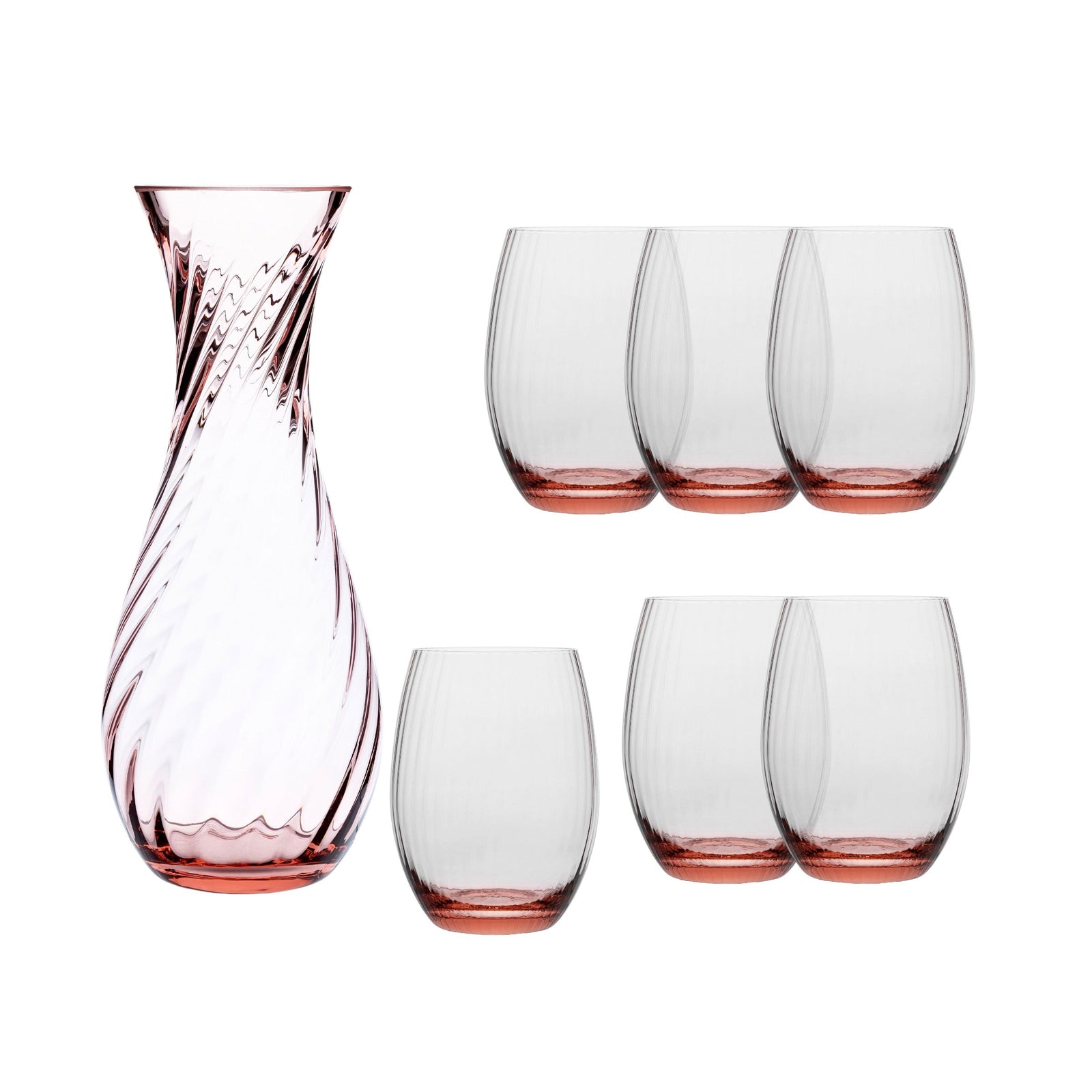 The Quinn Rose Dinner Party Set by Caskata features a pink-tinted swirled glass carafe and six matching Czech crystal stemless glasses, making it an elegant choice for any dinner party.