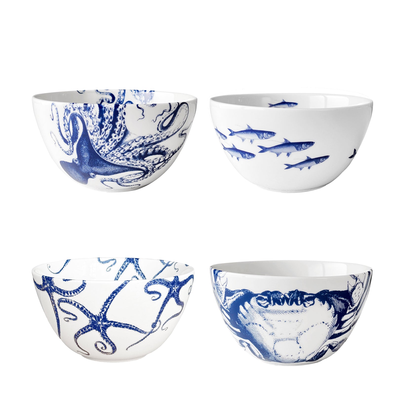 Mixed set of 4 Porcelain cereal bowls in iconic coastal patterns from Caskata including Lucy the octopus, school of fish, starfish, and crab motifs.
