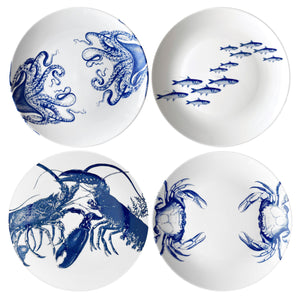 Mixed Coastal Icon Set of 4 high-fired porcelain dinner plates featuring School of Fish, Lobster, Crab, and Luy the Octopus in blue on white.