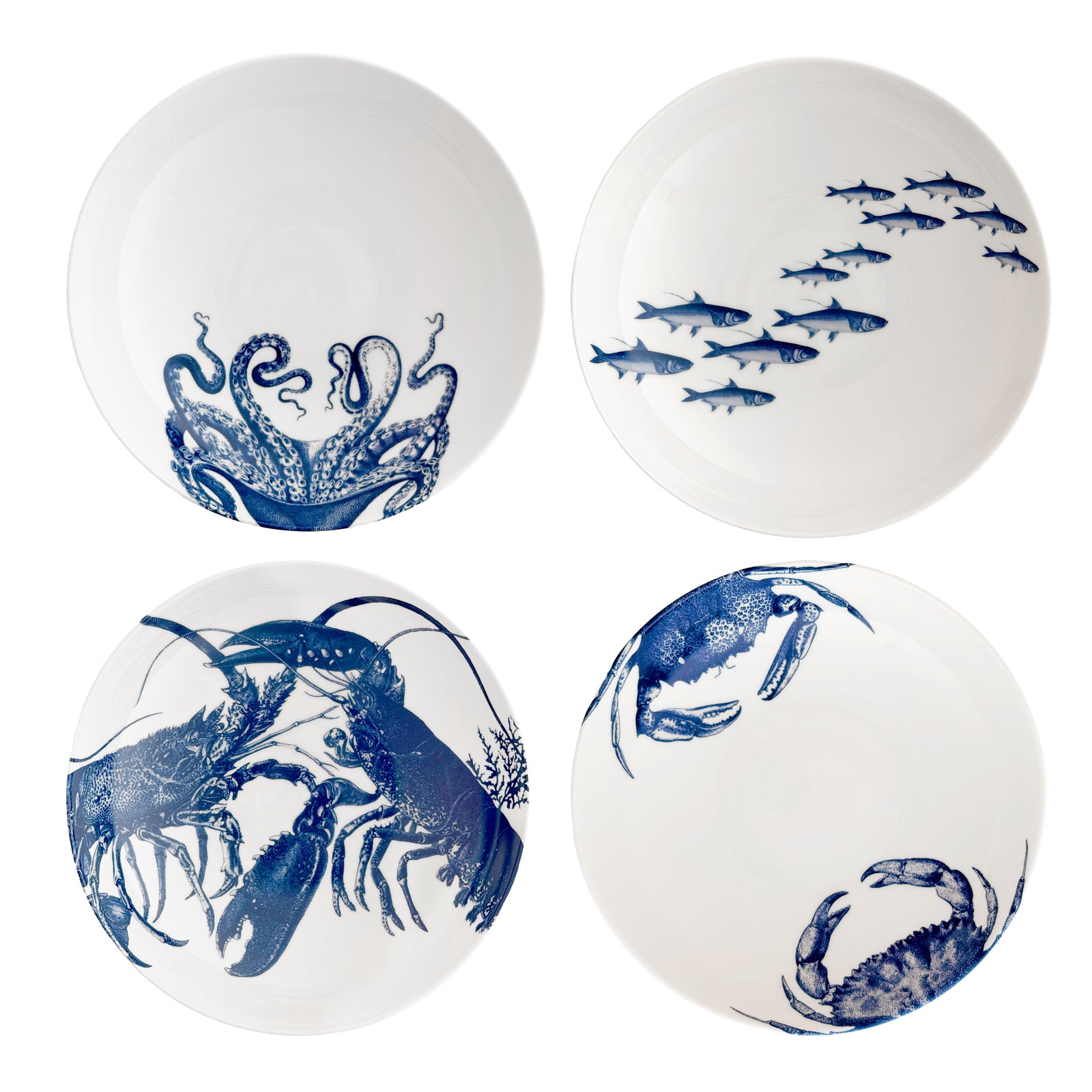 Mixed set of 4 Coastal Creatures in the Mixed Coastal Icon Entree Bowl Set from Caskata. In Blue on creamy white porcelain, including School of Fish, Lobster, Crab, and Lucy the octopus.