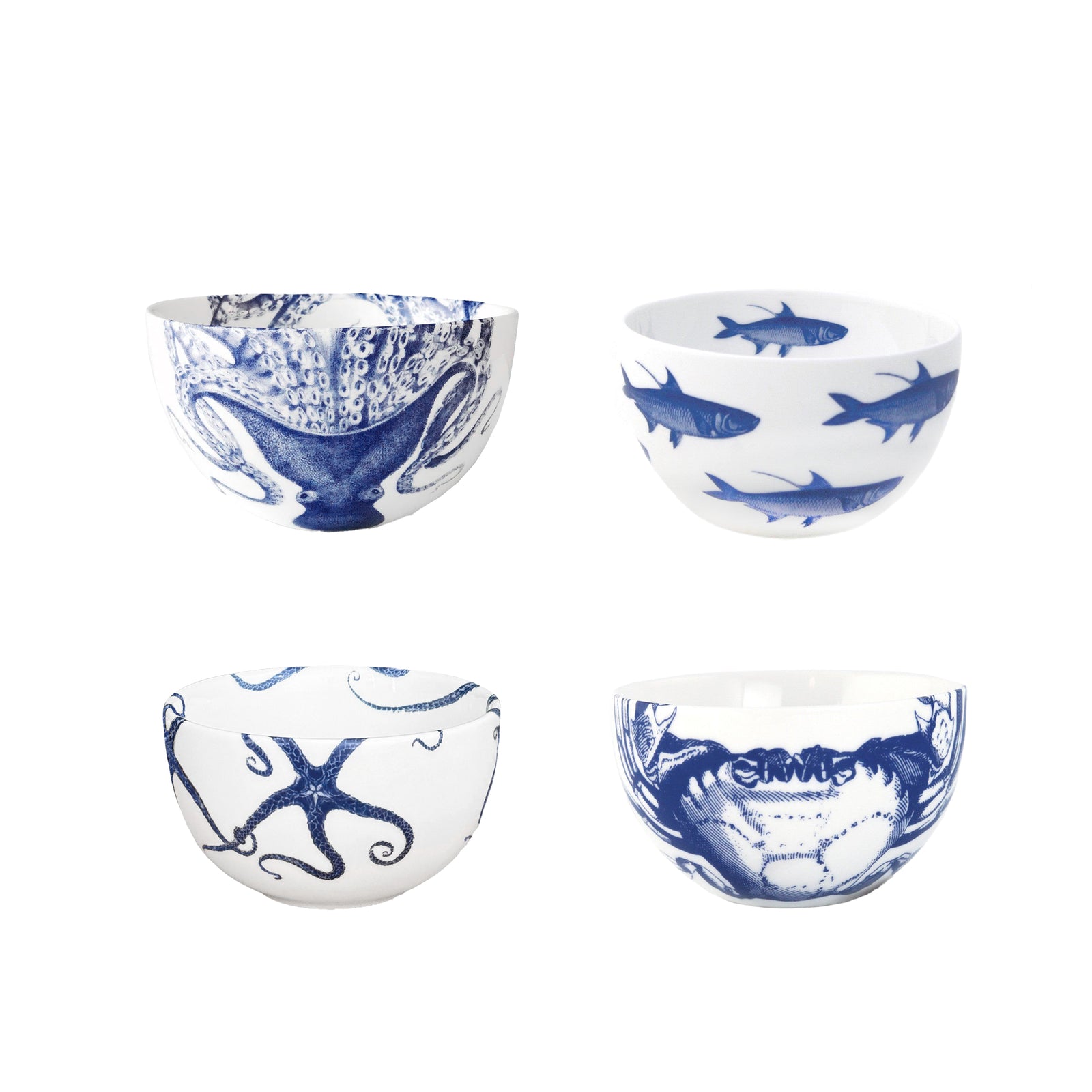 Mixed Set of 4 Small Porcelain Snack Bowls in iconic Coastal prints from Caskata including  Lucy the Octopus , crab, starfish, School of Fish patterns in blue.