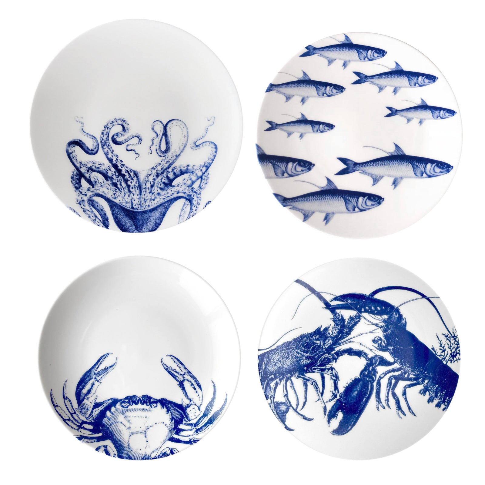 Mixed Coastal Set of Salad Plates in porcelain, including Caskata's Coastal icons: Lucy the Octopus, School of Fish, Crab and Lobster in blue on white.