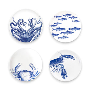 Mixed set of 4 small canape plates for appetizers in iconic Caskata Coastal patterns including Lucy the Octopus, School of Fish, Crab and Lobster.