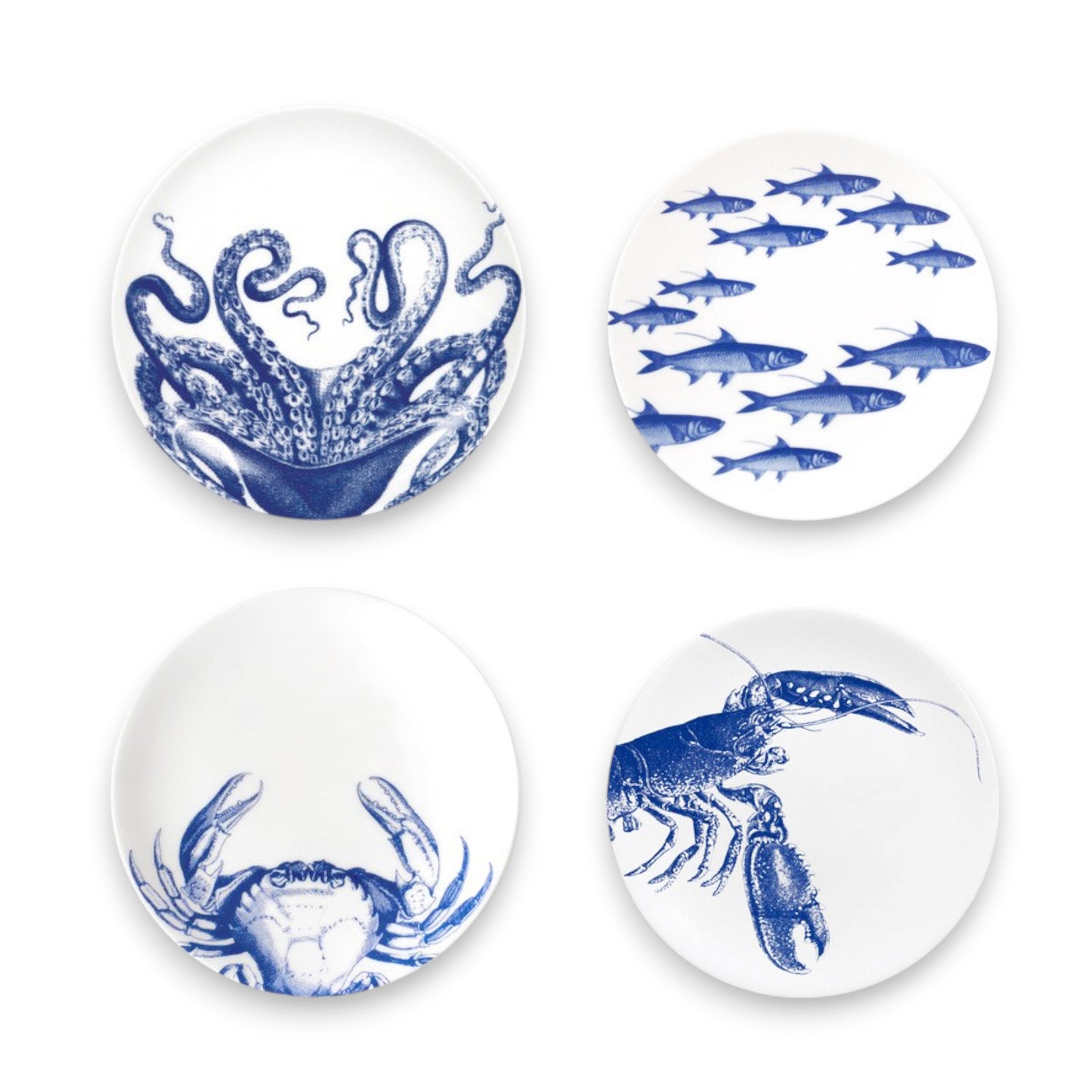 Mixed set of 4 small canape plates for appetizers in iconic Caskata Coastal patterns including Lucy the Octopus, School of Fish, Crab and Lobster.