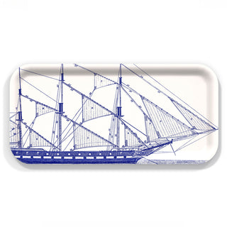 The Caskata Rigging Small Rectangular Tray features a blue line drawing of a classic sailing ship on white birchwood, made from FSC-Certified materials for stylish, sustainable serving.