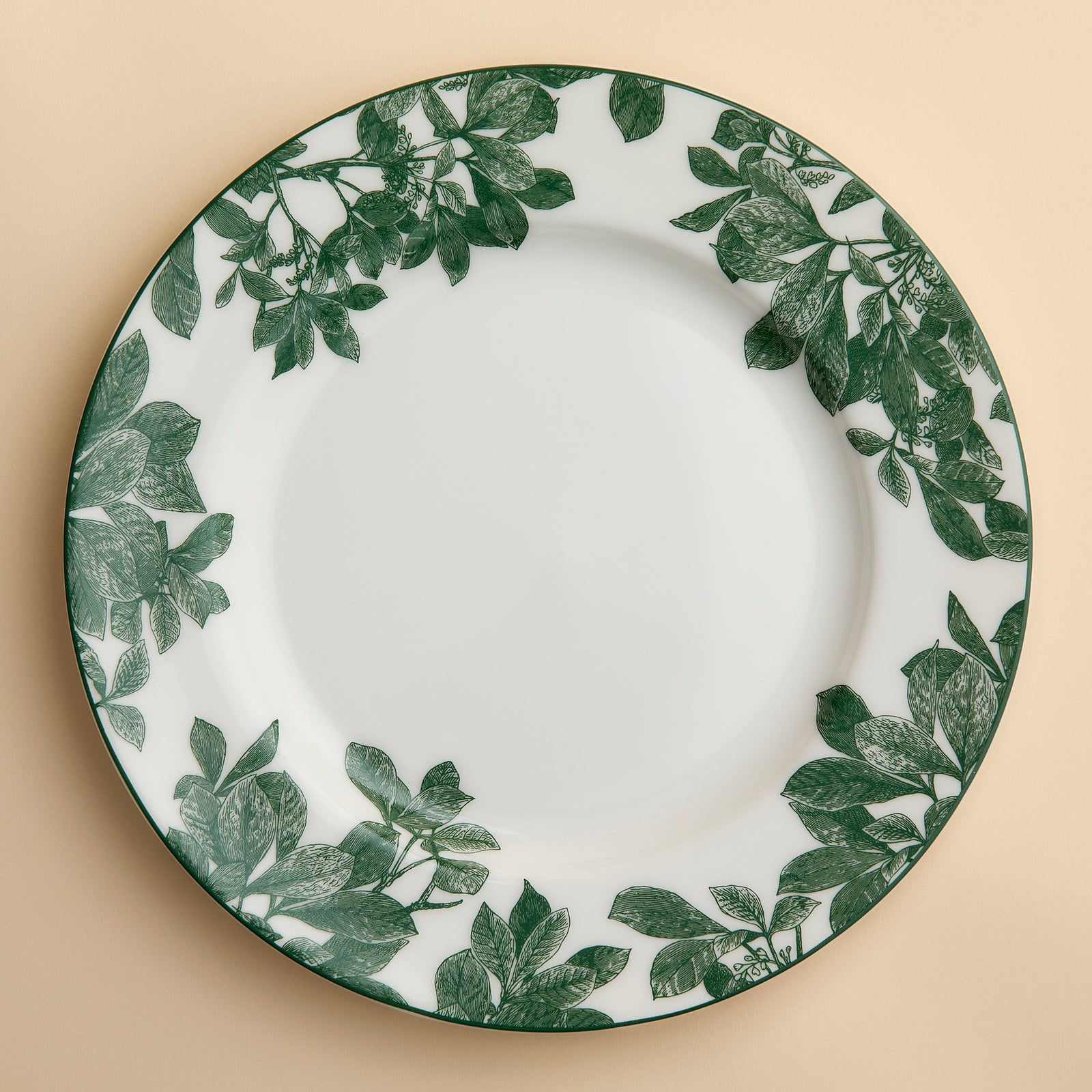 Arbor Green porcelain dinner plate from Caskata shows dark green floral engravings around the rim against a simple background