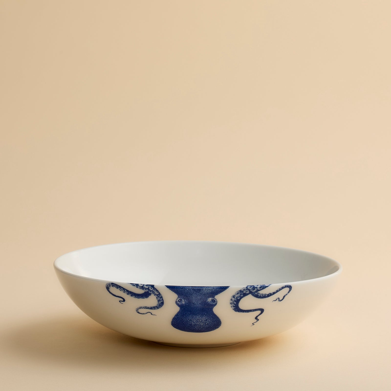 White ceramic plate featuring a blue octopus tentacle design on one side, set atop a beige surface—a striking piece that pairs beautifully with the Lucy Entrée Bowl by Caskata Artisanal Home or any other blue and white bowl in your collection.