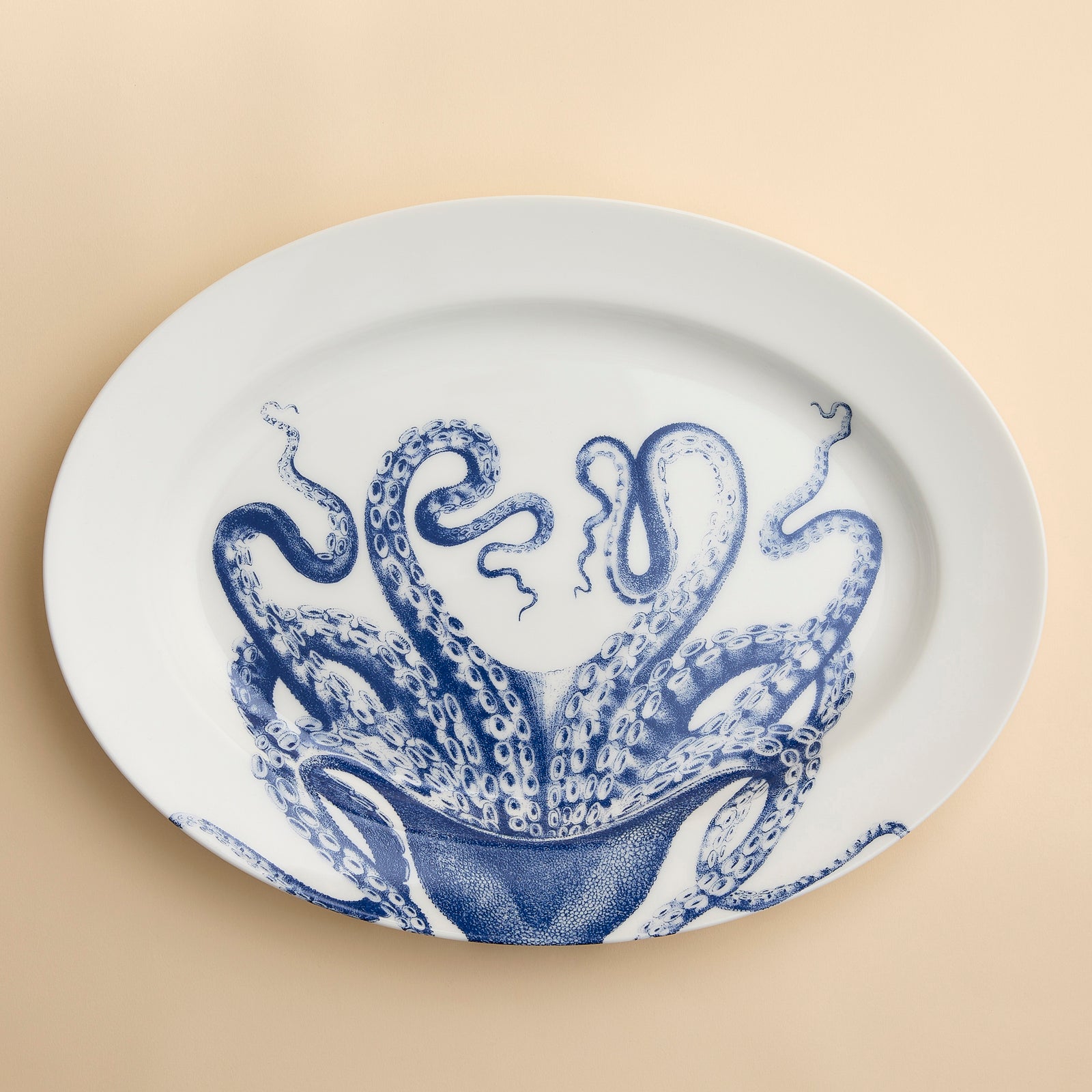 Lucy the Octopus in blue wraps her arms around this large rimmed oval platter in high-fired porcelain from Caskata.
