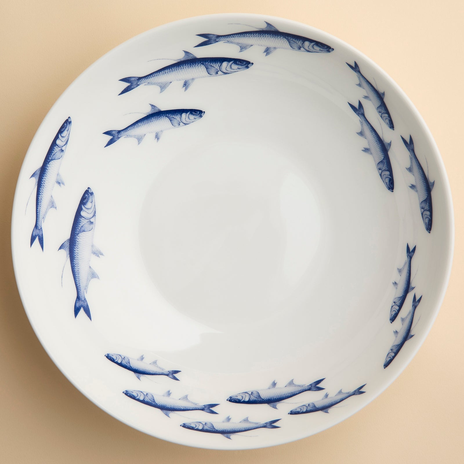 School of Fish wide serving bowl in blue and white porcelain from Caskata