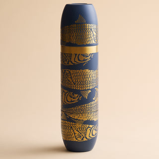 Caskata x High Camp Dark Blue Sardines Wine Flask in dark blue, featuring a gold sardine pattern and a gold center band.