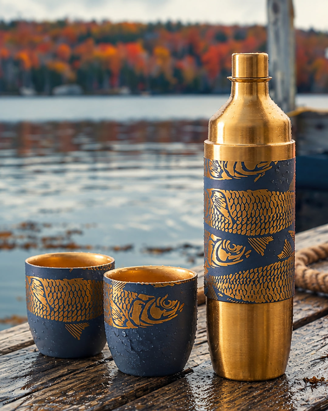 Caskata X High Camp Flask in Sardines pattern on dark blue, seen on a dock in the fall in new England with cups off.