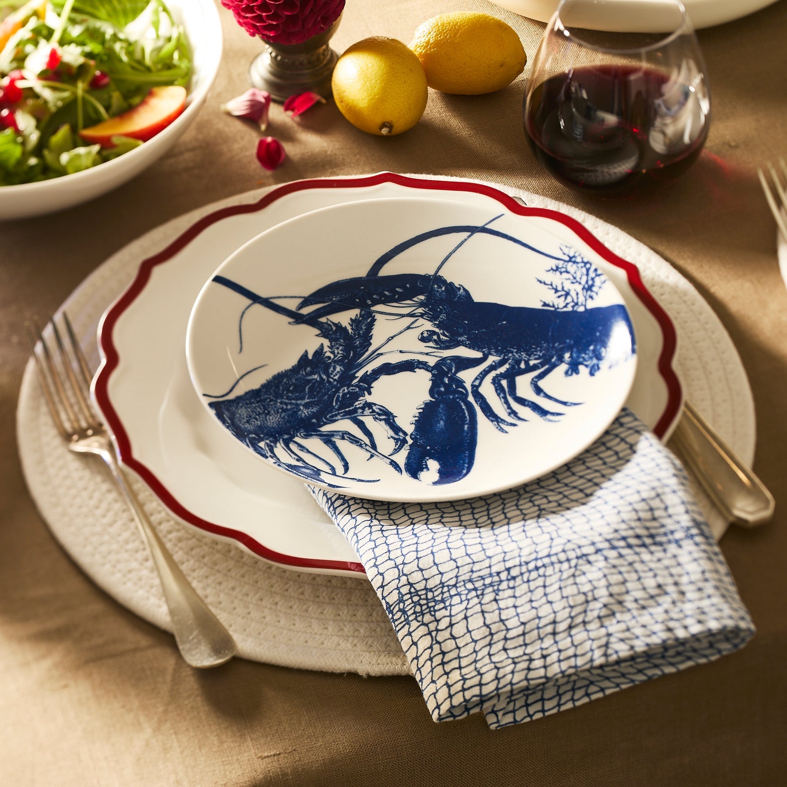 Mixed Coastal Set of Salad Plates in porcelain, including Caskata's Coastal icons: Lucy the Octopus, School of Fish, Crab and Lobster in blue on white.