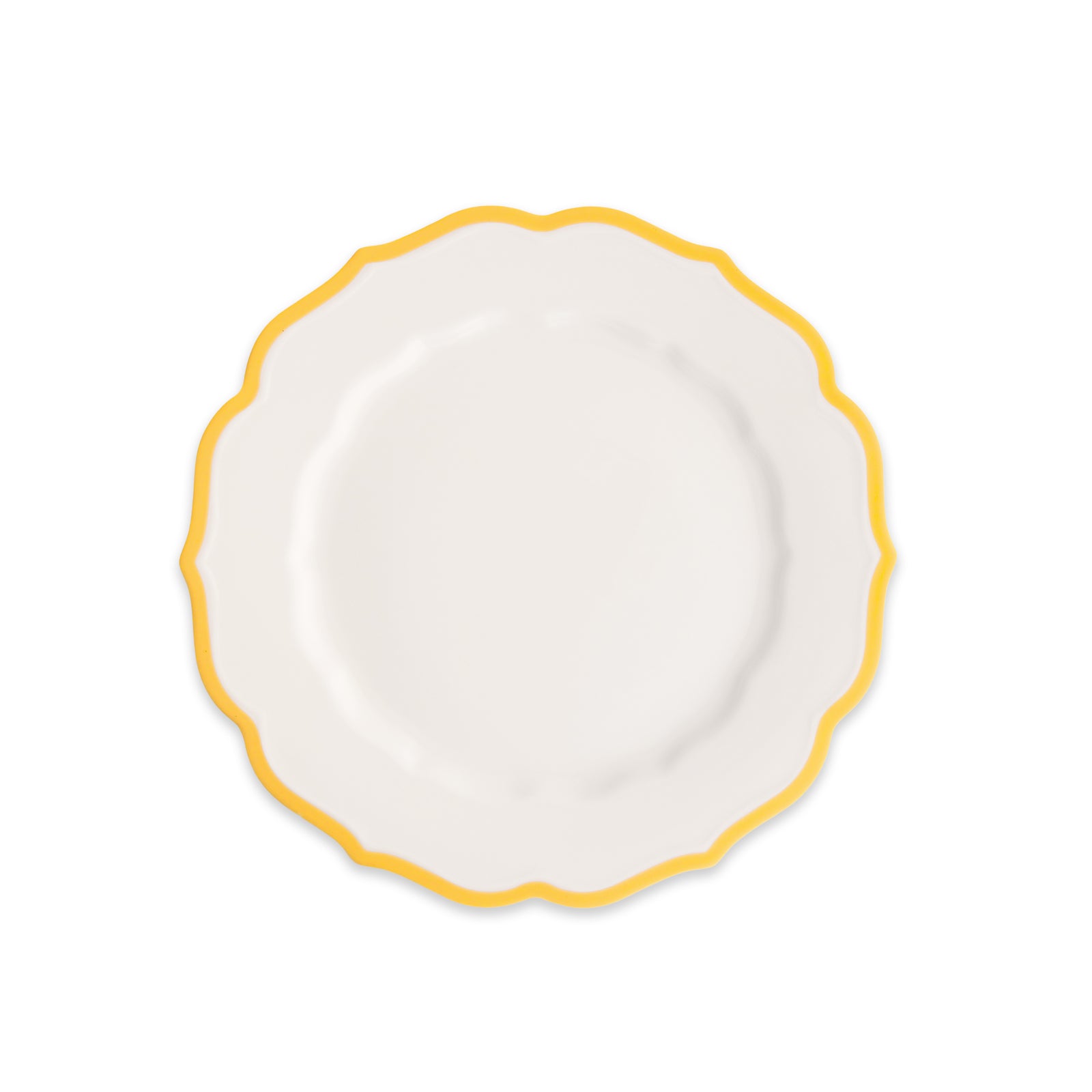 The Caskata Stella Scalloped Marigold Salad Plate is an elegant white porcelain plate with a scalloped edge and yellow border, shown on a plain white background.