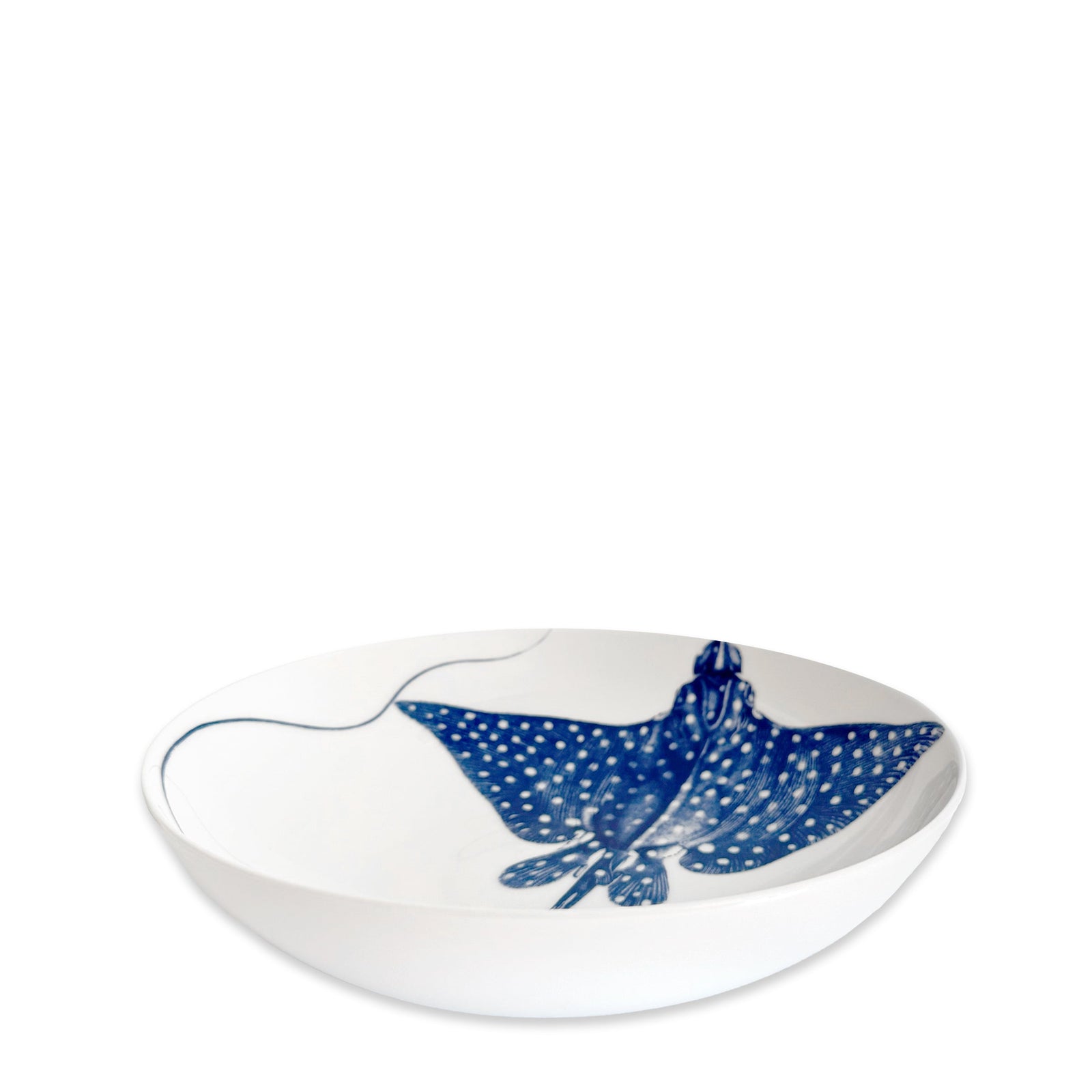 The Ray the Stingray Entrée Bowl by Caskata features playful blue stingray art on white porcelain, adding a whimsical touch to your tableware.
