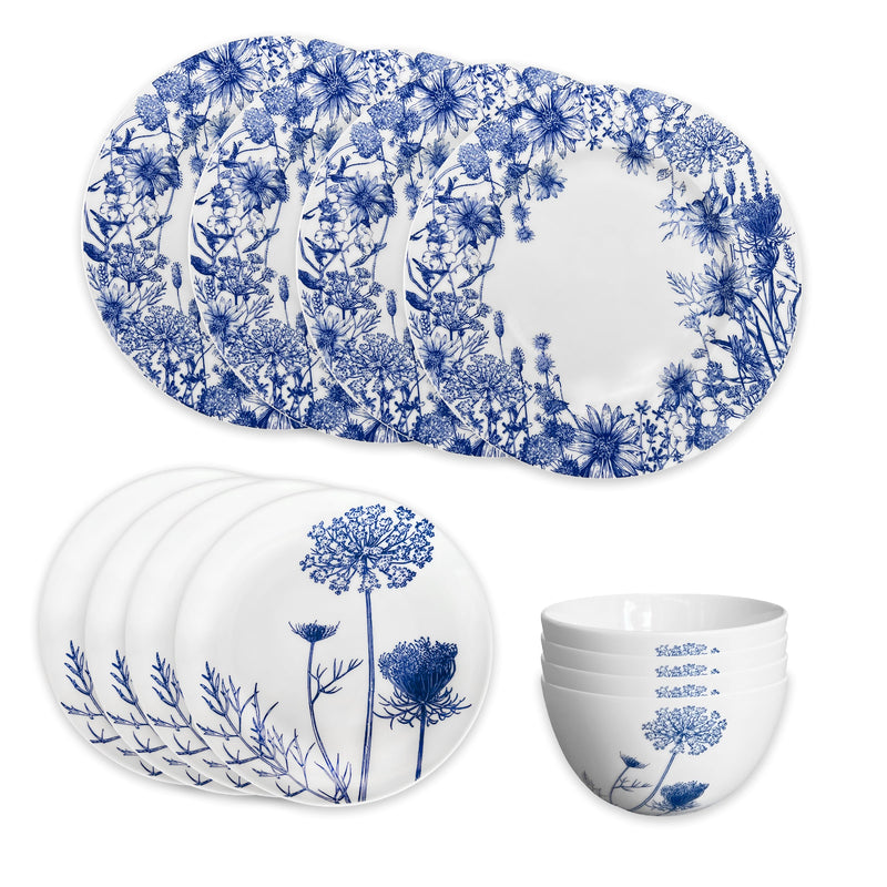 The Caskata Summer Blues Table for 4 is a porcelain dinnerware set featuring six blue and white botanical plates and six matching bowls with elegant floral designs, all displayed on a white background.