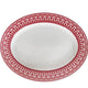 An empty white Casablanca Crimson Oval Rimmed Platter by Caskata Artisanal Home featuring an intricate red decorative border pattern, perfect for adding a touch of elegance to your dinnerware collection.