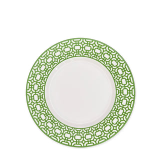 A Newport Garden Gate Verde Rimmed Salad Plate by Caskata Artisanal Home, featuring a detailed green patterned border, embodies contemporary tableware design reminiscent of Newport Garden Gate.