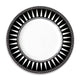 A round white plate with a black rim features a sophisticated geometric pattern of triangles and lines in white, reminiscent of the Marrakech Rimmed Dinner Plate by Caskata Artisanal Home.